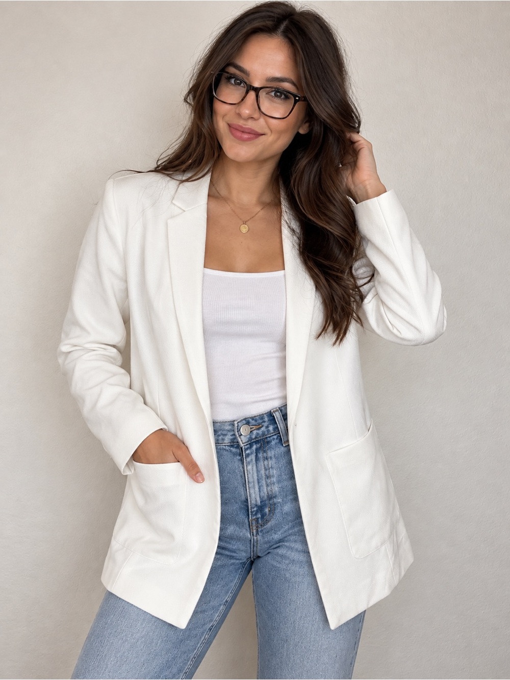 Pull&Bear White Women's Blazer - Open Front Tailored Jacket